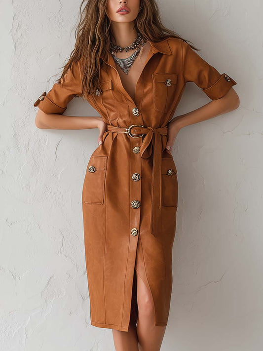 Structured Button Eco-Leather Straight Belted Dress