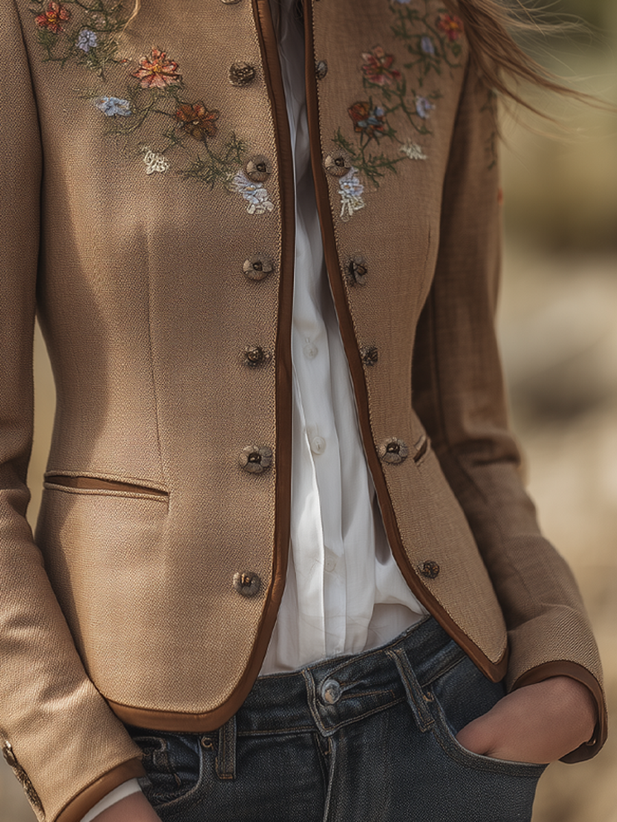 Vintage Embroidered Pocket Contrast Trim Jacket