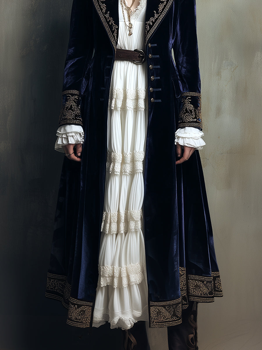 Vintage Luxury Polyester Velvet Embroidered Long Coat
