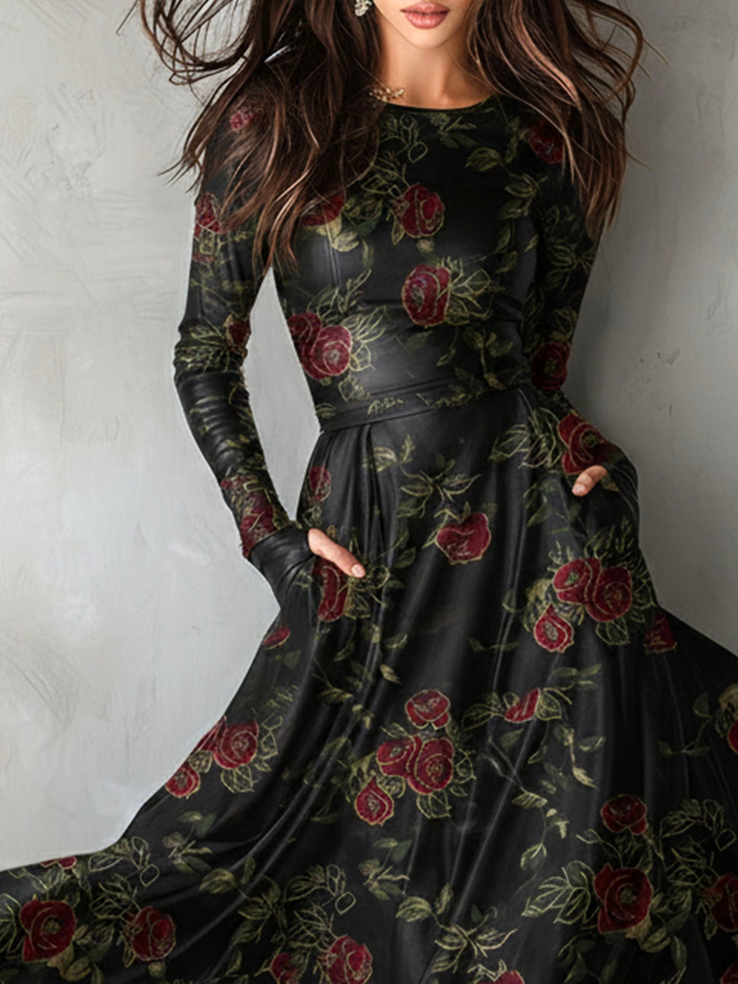 Elegant Black Rose Jacquard Satin Fit-and-Flare Midi Dress