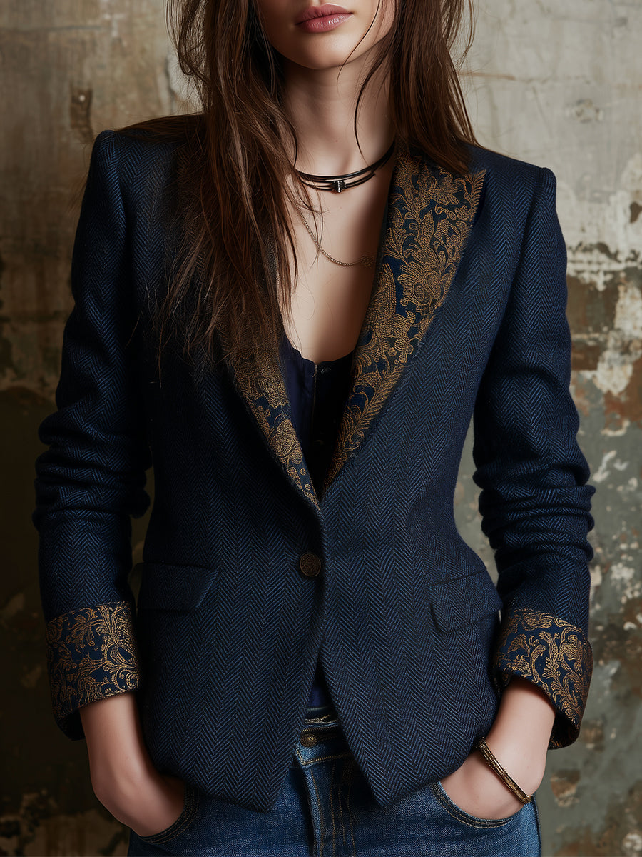 Classic Wool Herringbone Baroque Lapel Blazer
