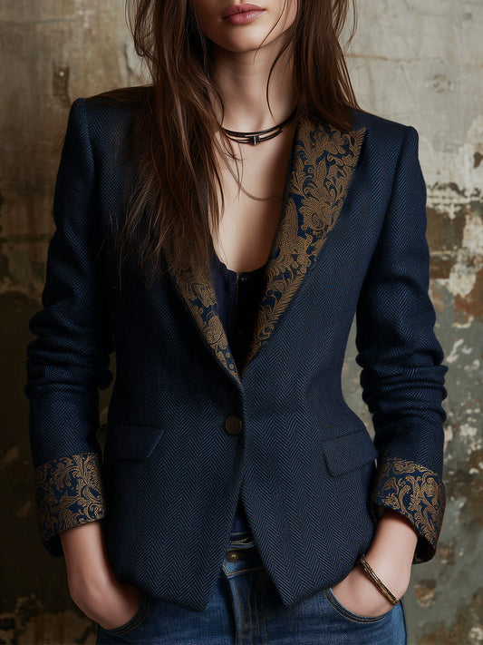 Classic Wool Herringbone Baroque Lapel Blazer