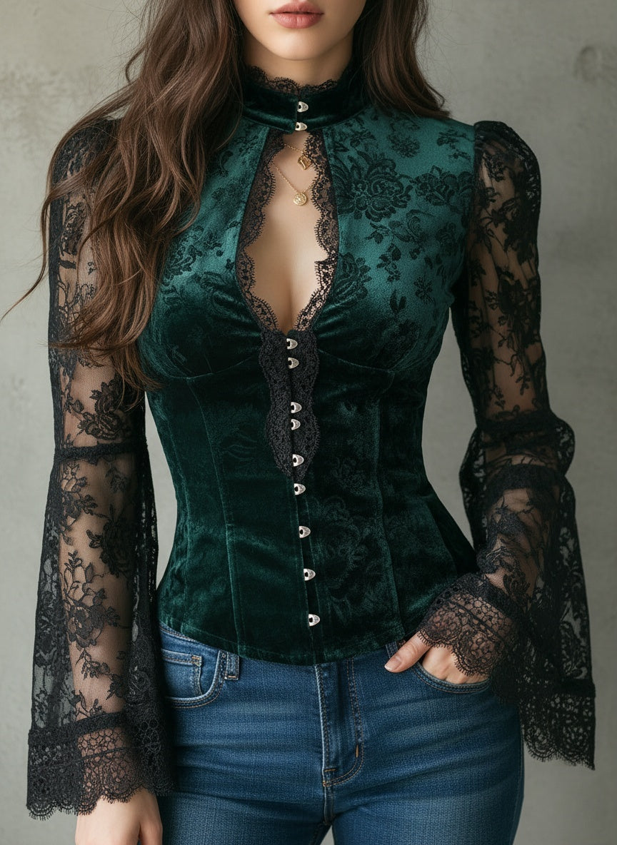 Emerald Victorian Lace & Velvet Blouse