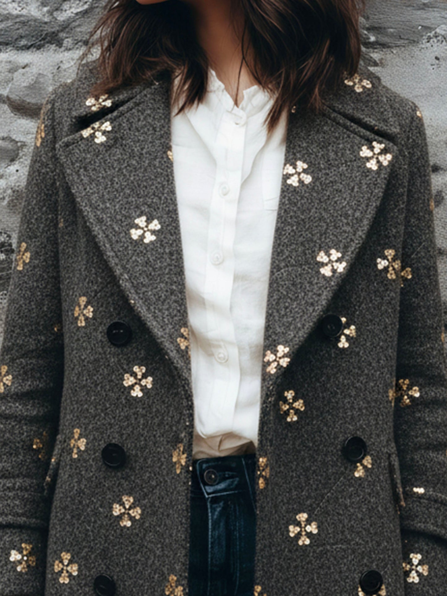 Elegant Double-Breasted Charcoal Wool Blend Embellished Coat With Gold Sequin