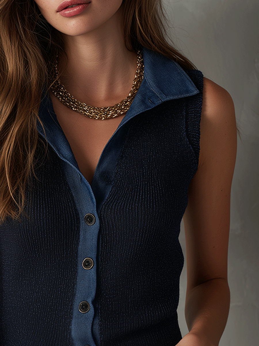 Casual Retro Denim Button Contrast Collar Sleeveless Knitted Vest