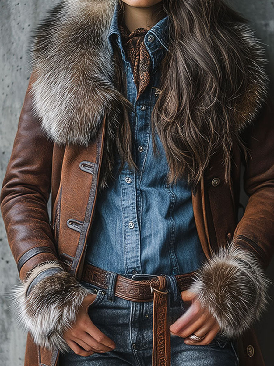 Vintage Brown Shearling Eco Leather Long Coat With Eco Fur Trim