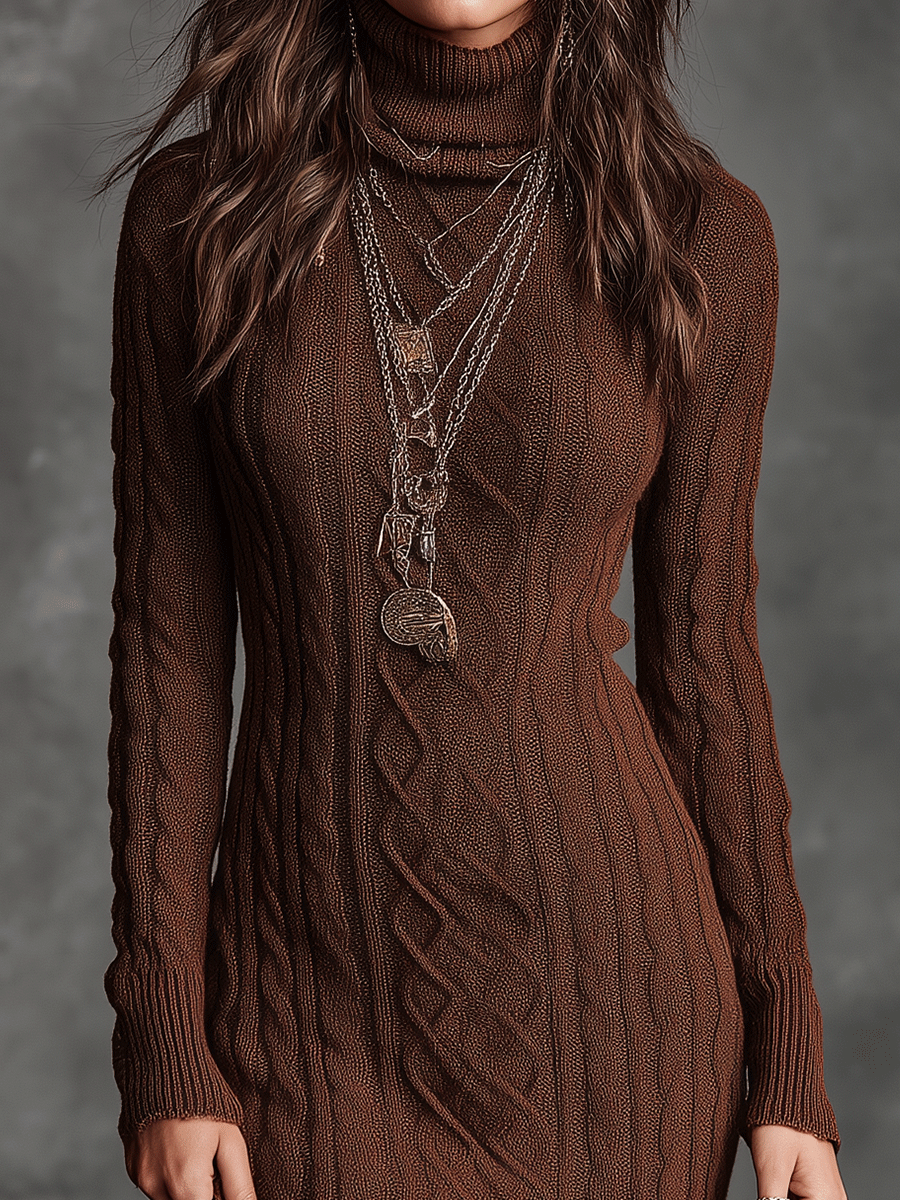 Retro Brown Cable Knit Turtleneck Bodycon Mini Dress