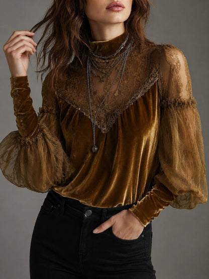Retro Gold Velvet Lace Patchwork Balloon Sleeve Blouse