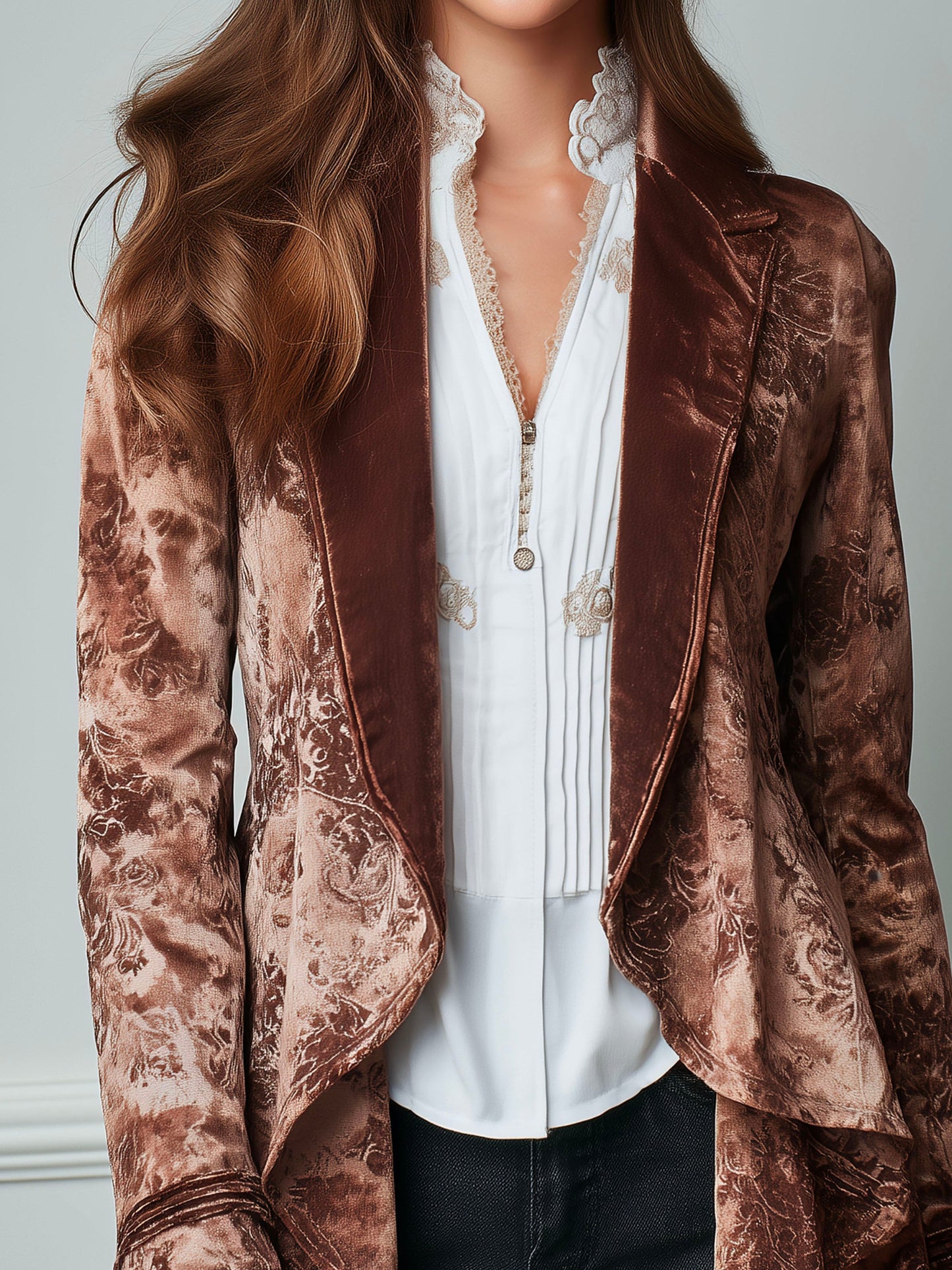 Romantic High-low Velvet Print Draped Blazer Copper Velvet Print
