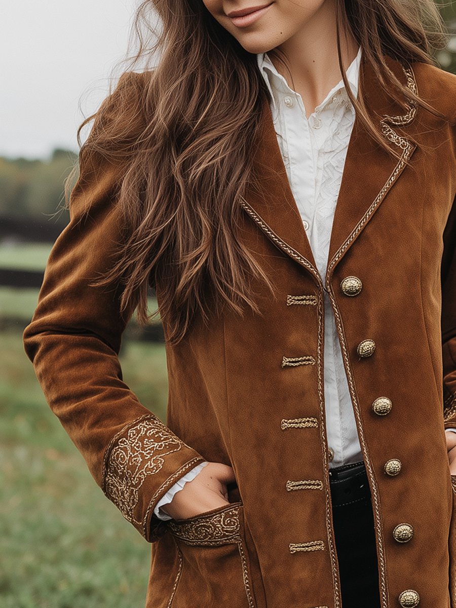 Retro Embroidered Cuffs Eco-friendly Suede Coat