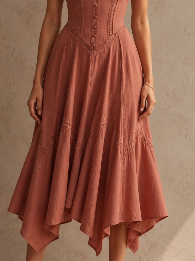 Terracotta Puff Sleeve Corset Lace Midi Dress
