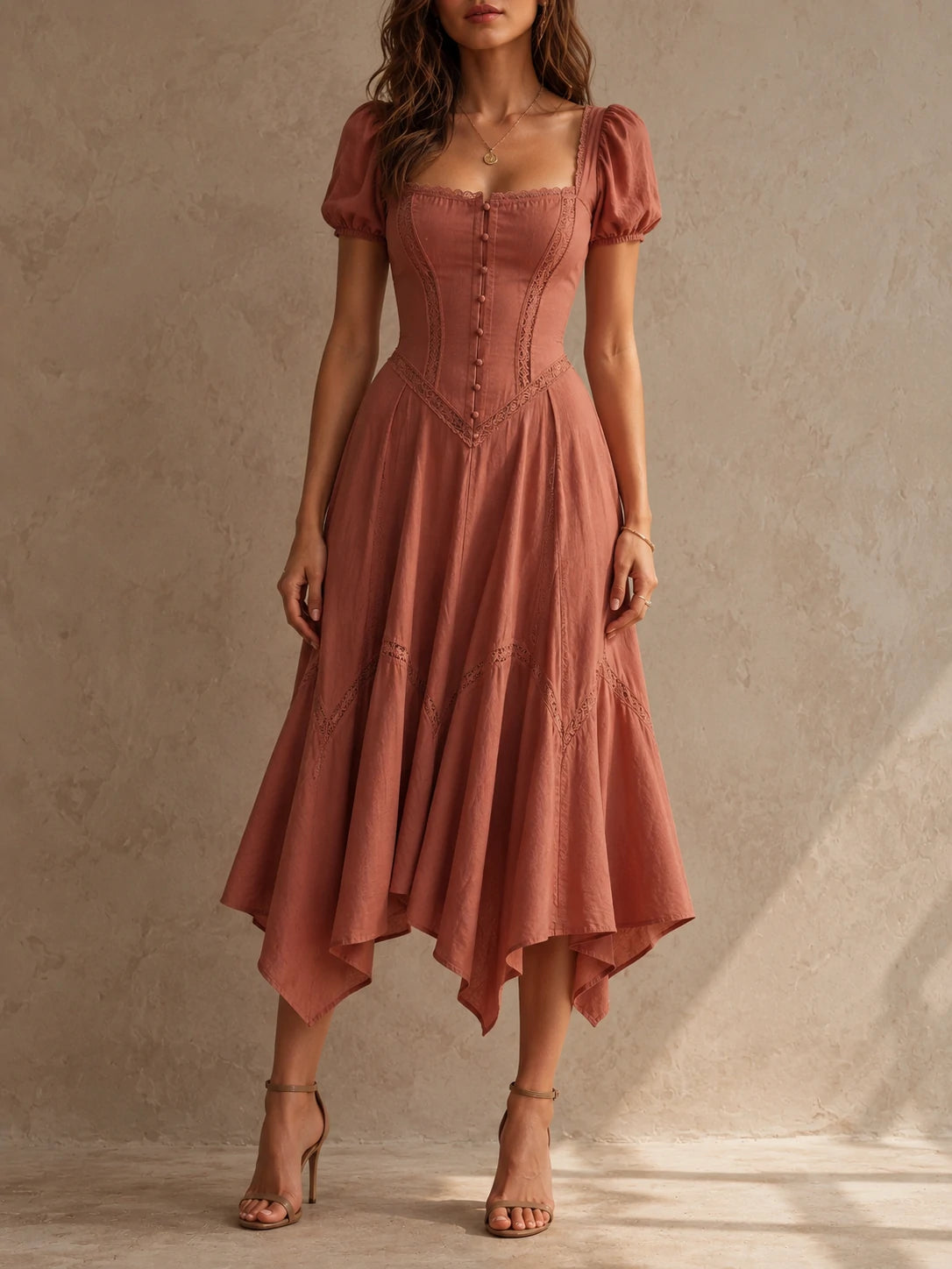 Terracotta Puff Sleeve Corset Lace Midi Dress