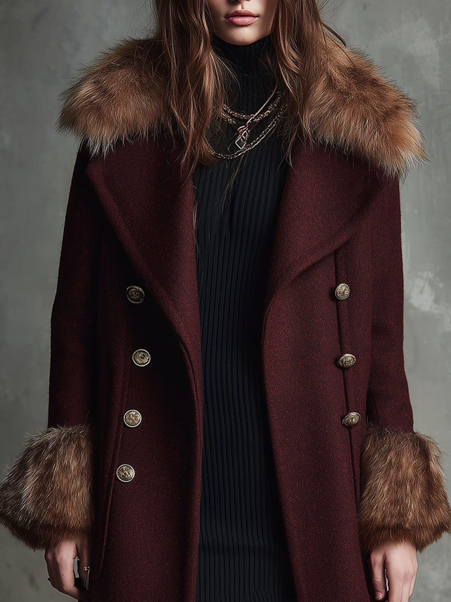 Quiet Luxury Detachable Fur Collar Double-breasted Wool Coat