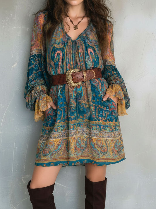 Bohemian Teal & Amber Paisley Print Flowy Chiffon Mini Dress