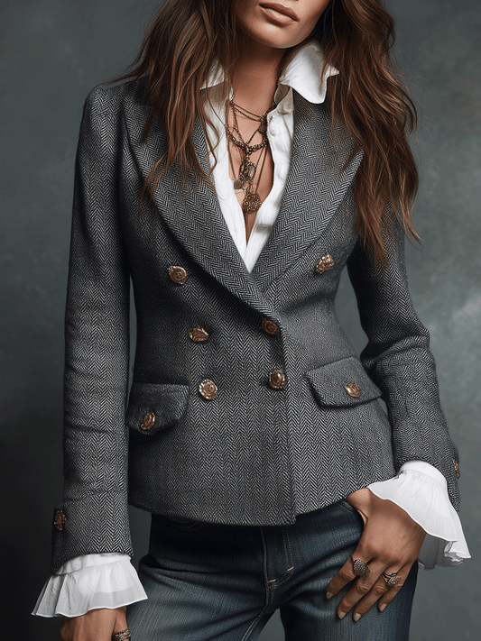 Vintage Classic Gray Herringbone Double-Breasted Blazer