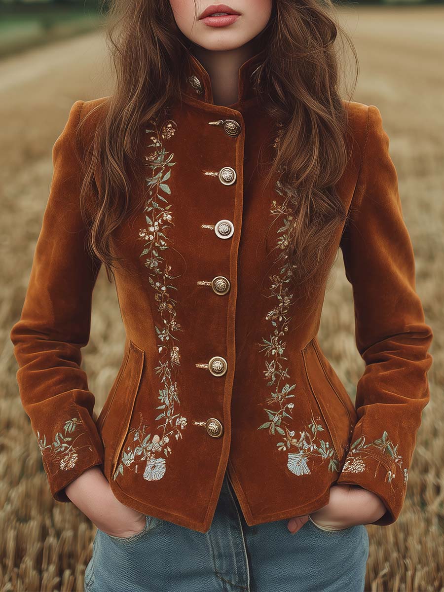 Vintage Microsuede Floral Embroidery Distressed Button Slim-Fit Jacket