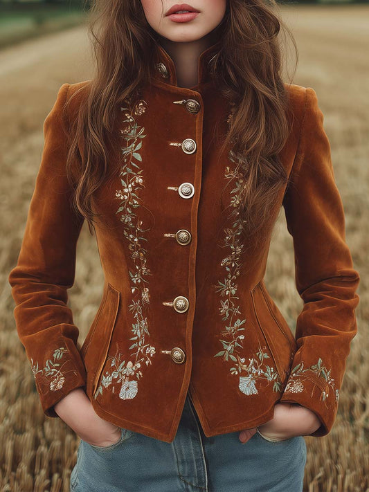 Vintage Microsuede Floral Embroidery Distressed Button Slim-Fit Jacket