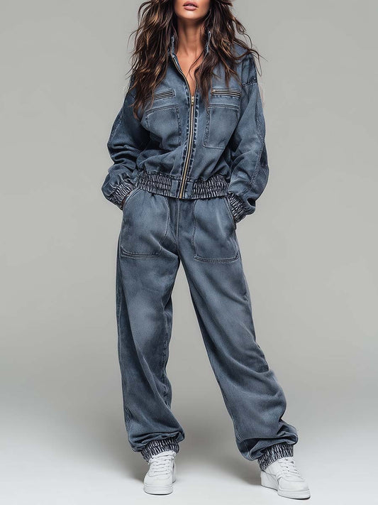 Vintage-Wash Zip-Front Utility Tracksuit Set