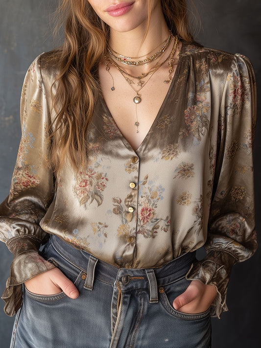 Vintage Satin Floral Print Lantern Sleeves Blouse