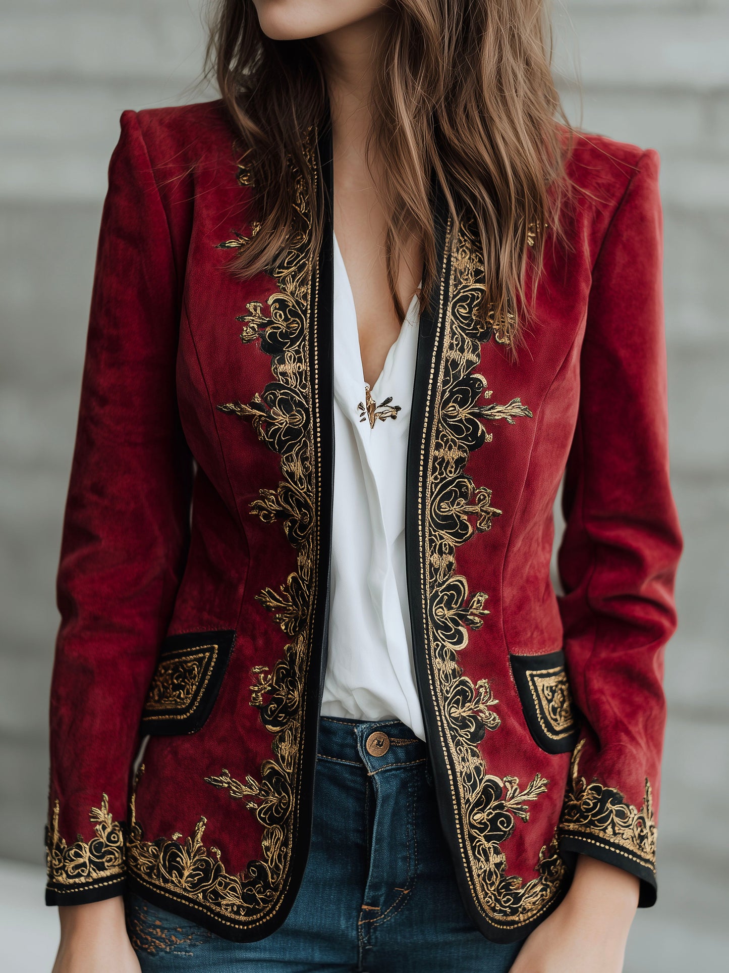 Vintage Burgundy Microsuede Embroidered Blazer With Black And Gold Trim