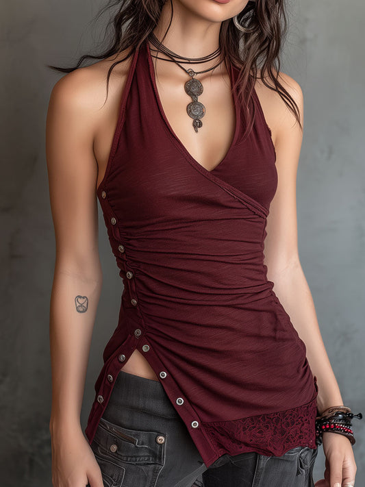 Retro Burgundy Halter Button-Side Ruched Top With Lace Hem