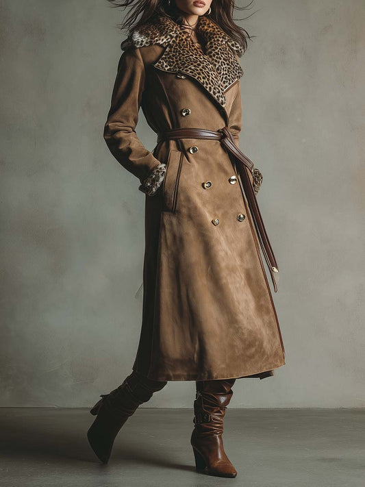 Camel Eco-Suede Trench Coat With Leopard Faux Fur Collar And Printed Lining