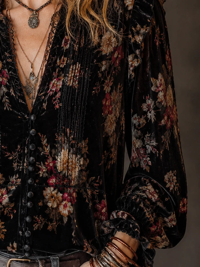 Black Velvet Floral Deep-V Pintuck Blouse