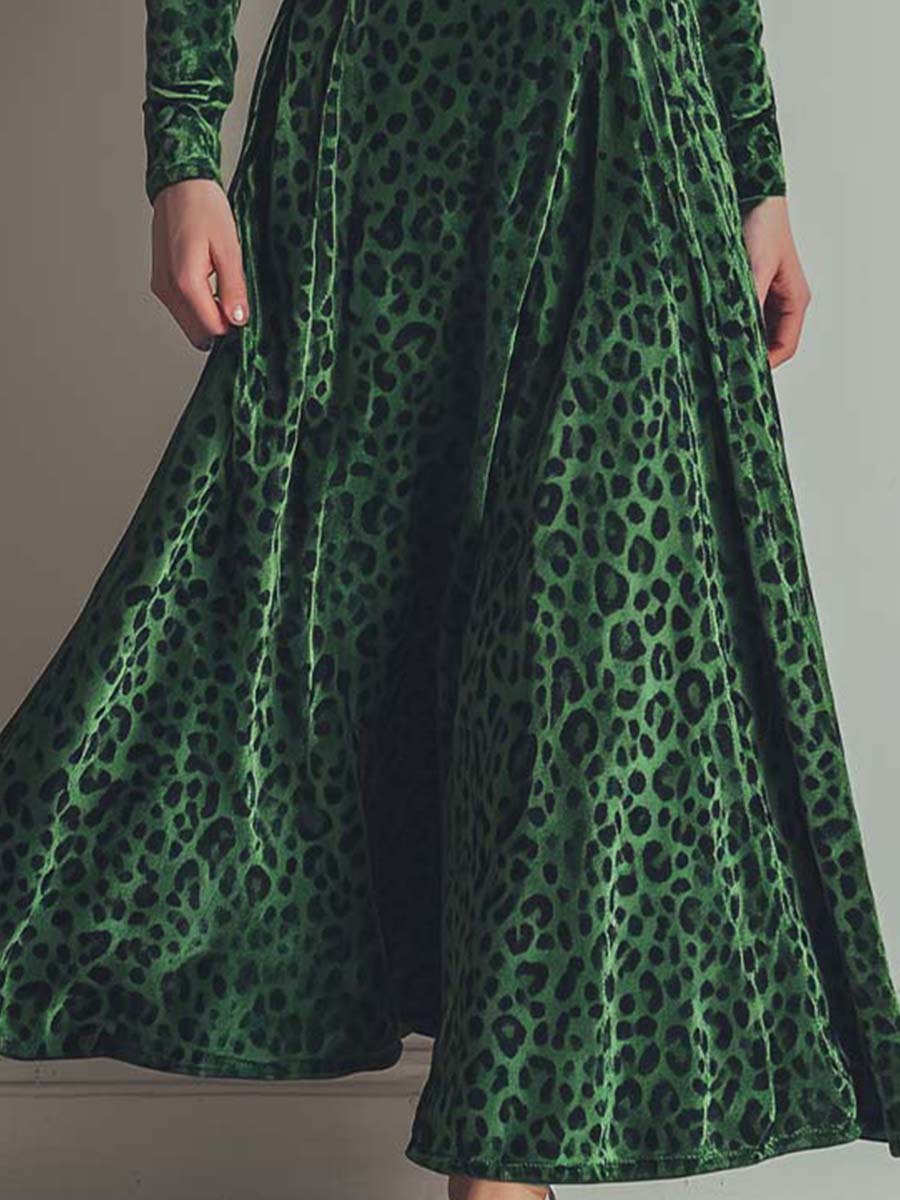 Vintage Velvet Leopard Print A-Line Button Dress