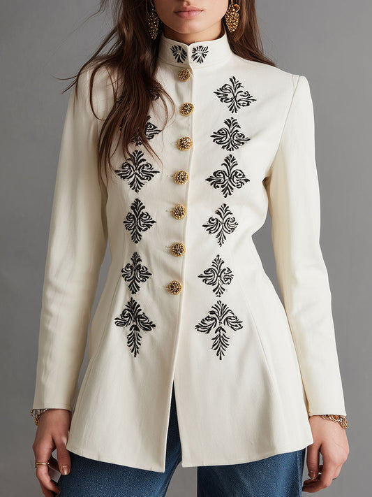 Vintage Stand Collar Mid-length Jacket With Embroidered Metal Buttons