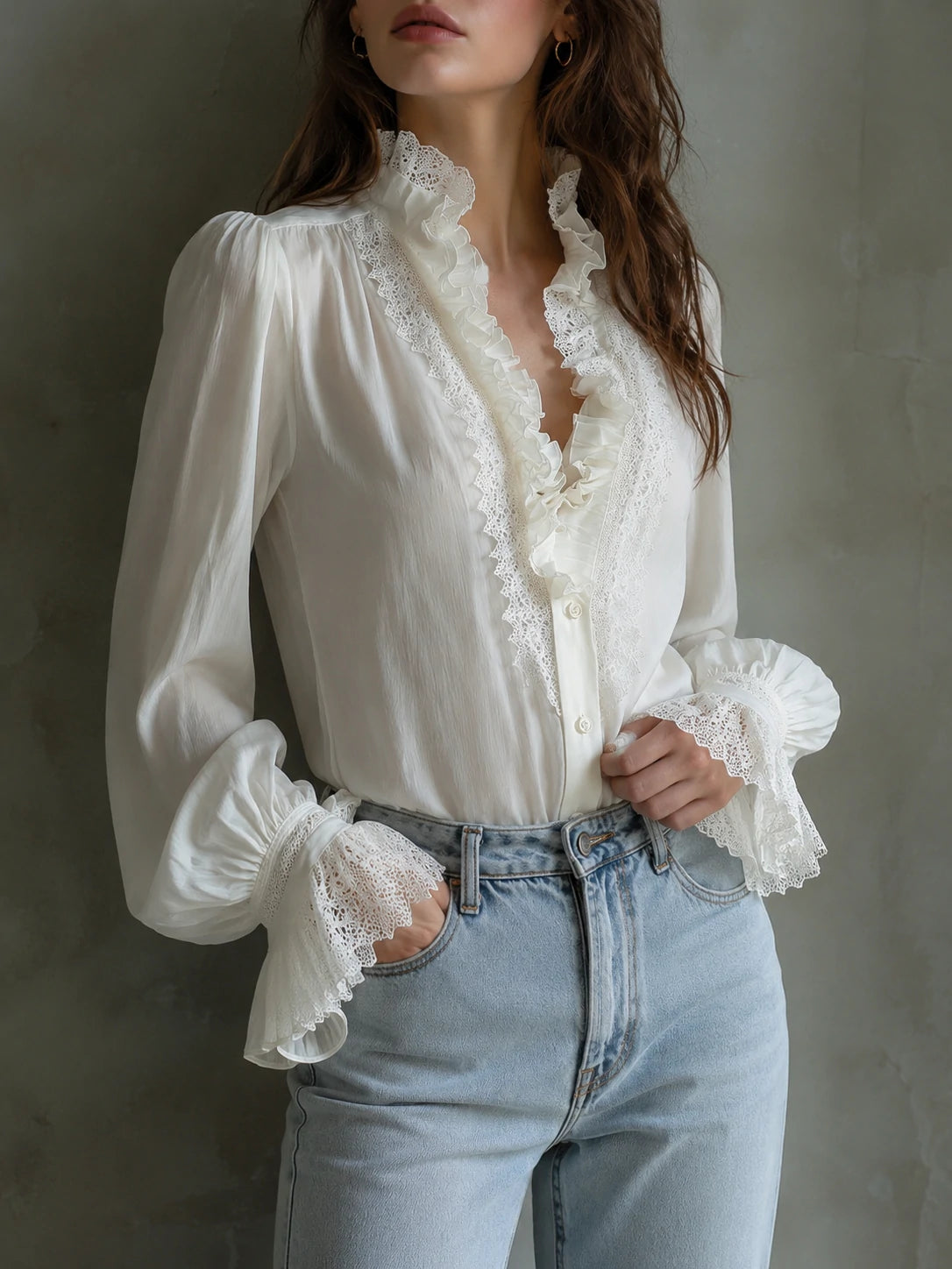 Romantic Ruffled Lace Blouse – Ivory White
