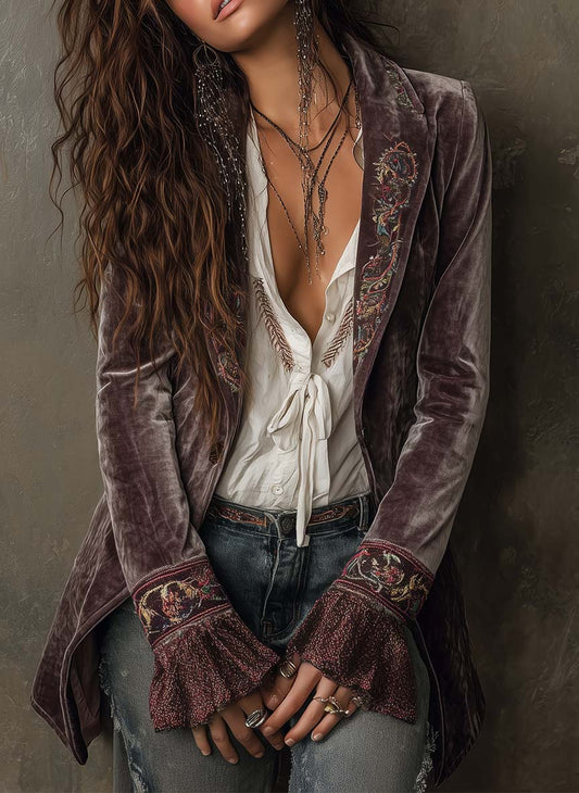 Vintage Embroidered Velvet Blazer With Flared Cuffs – Bohemian Elegance