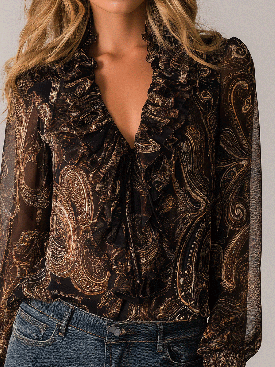 Vintage Ruffle Neck Paisley Chiffon Blouse