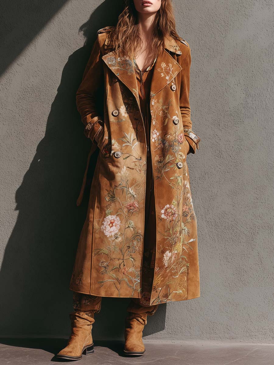 Printed Microfiber Suede Maxi Trench Coat