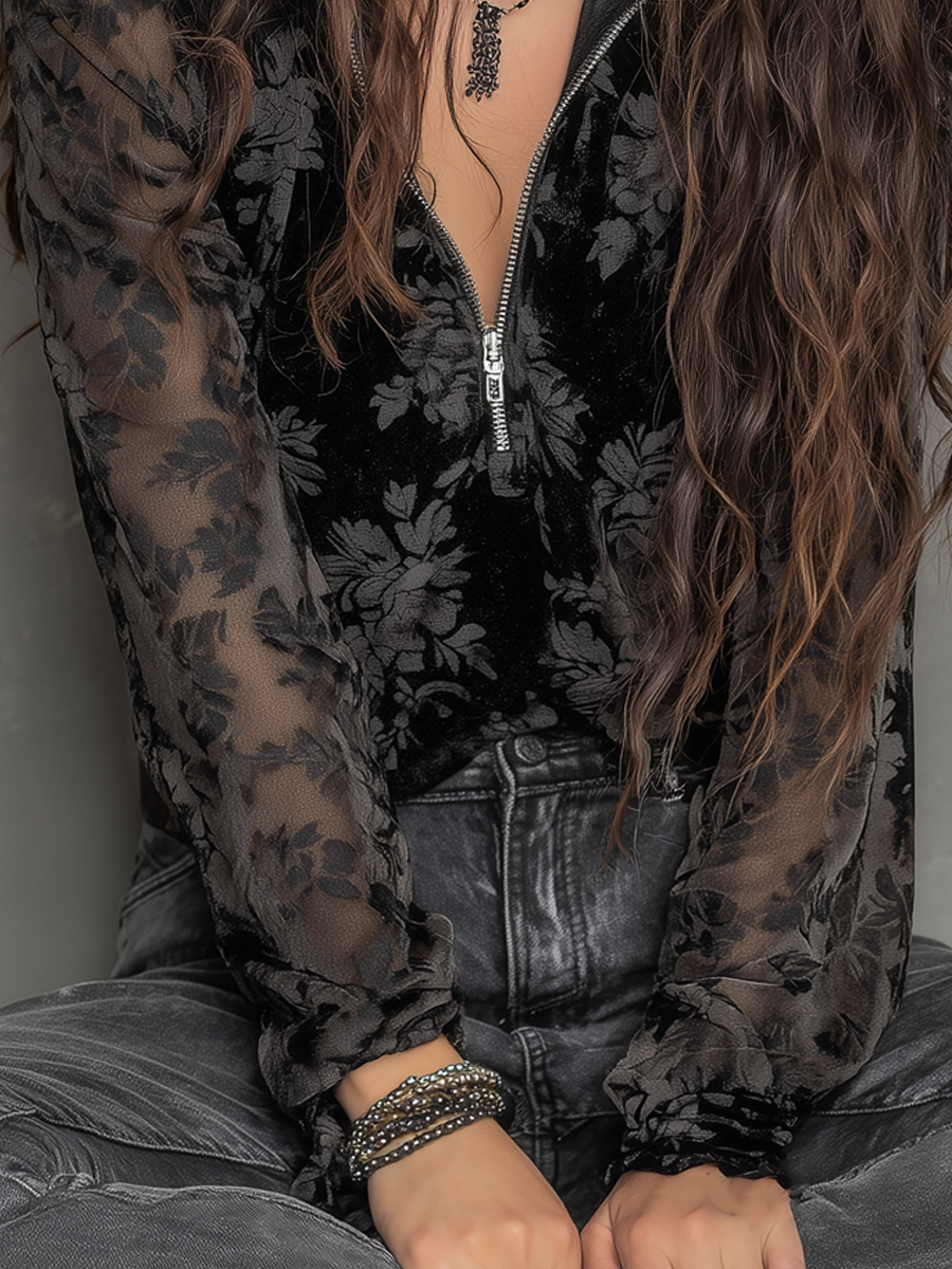 Vintage Floral Sheer Sleeves Blouse
