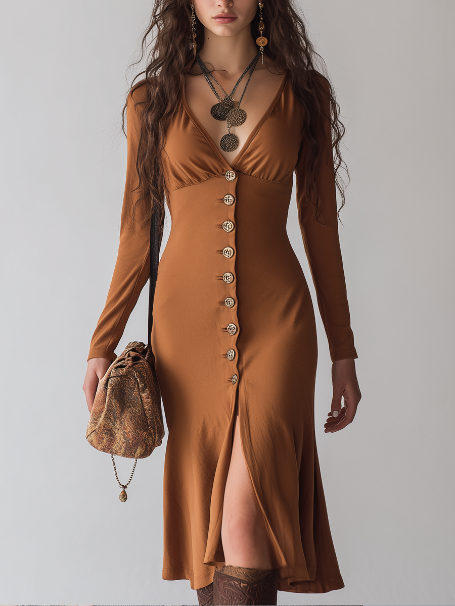 Retro V-neck Button Long Sleeve Ruffle Hem Midi Dress