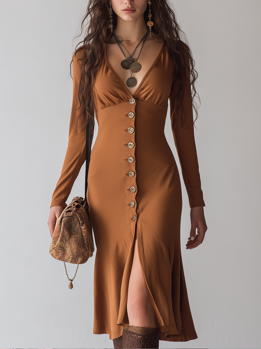 Retro V-neck Button Long Sleeve Ruffle Hem Midi Dress