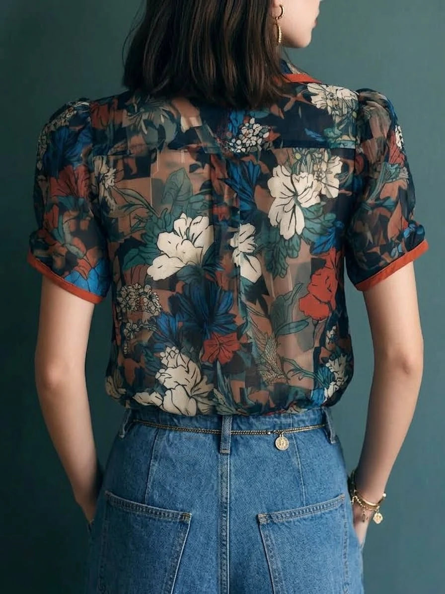 Vintage Sheer Floral Print Blouse With Contrast Trim