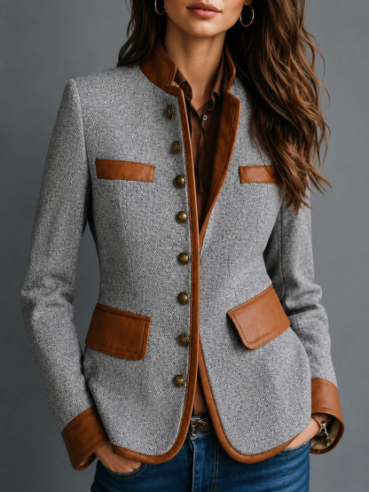 Vintage Eco-Leather Trim Pocket Tweed Jacket
