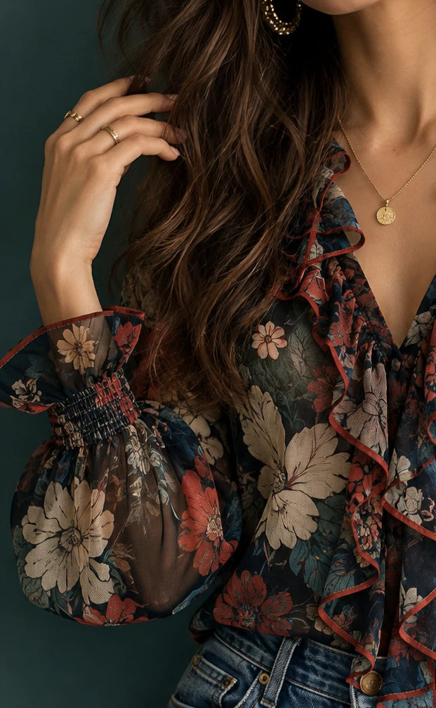 Contrast-Trim Floral Ruffle Blouse