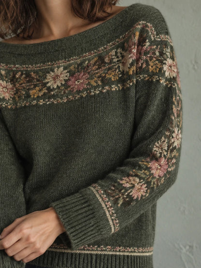 Vintage Floral Boatneck Knit Sweater