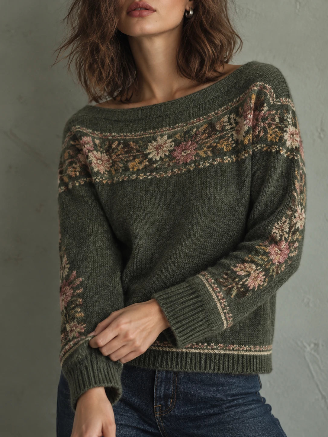 Vintage Floral Boatneck Knit Sweater