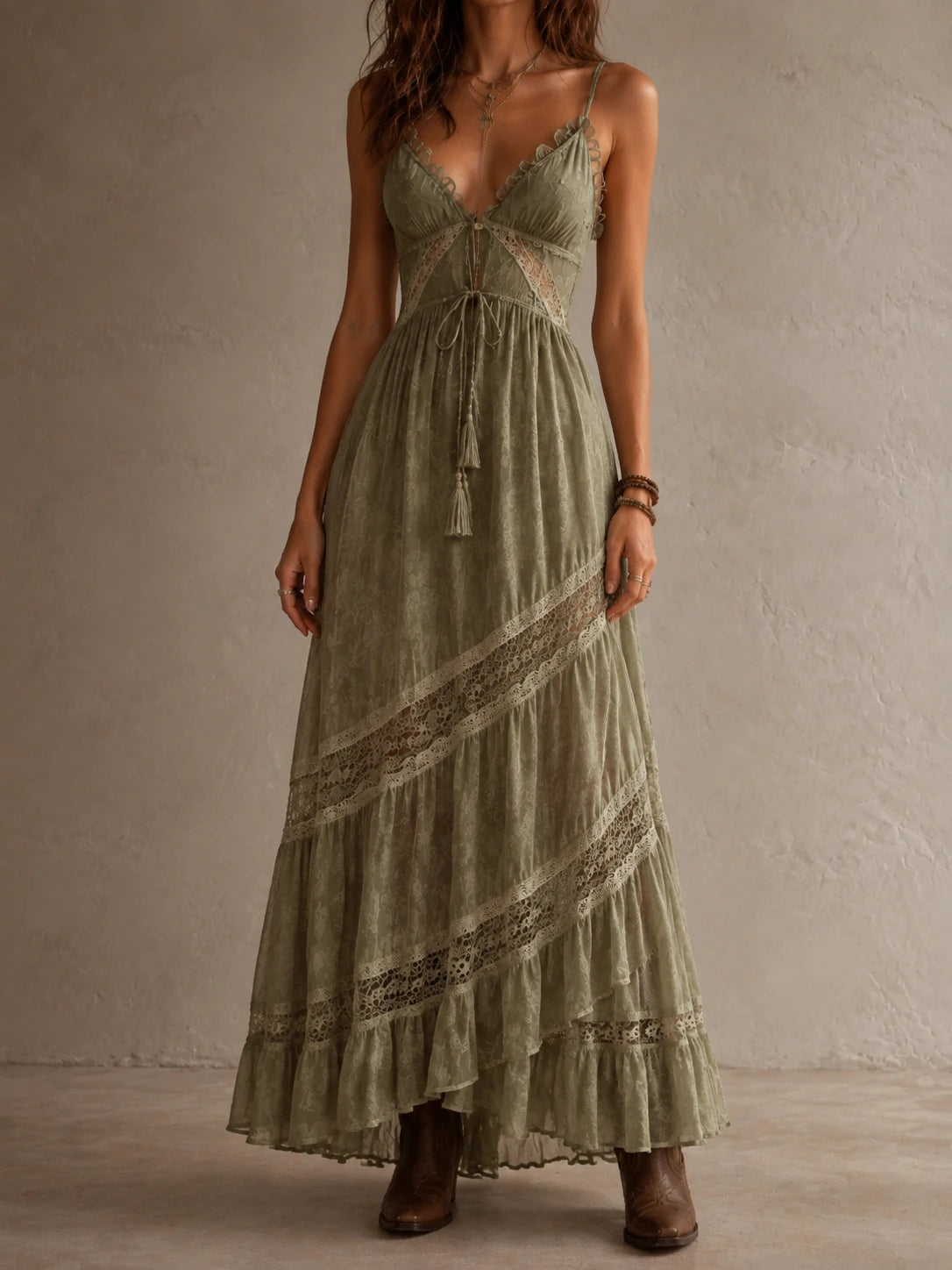 Sage Lace Tassel Maxi Dress