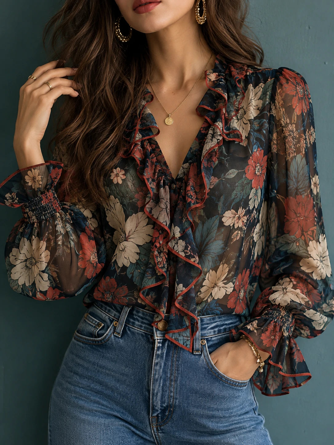 Contrast-Trim Floral Ruffle Blouse