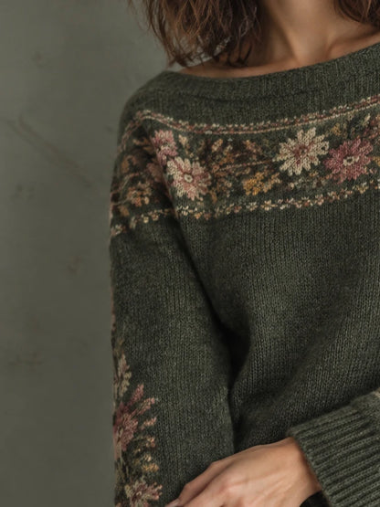 Vintage Floral Boatneck Knit Sweater