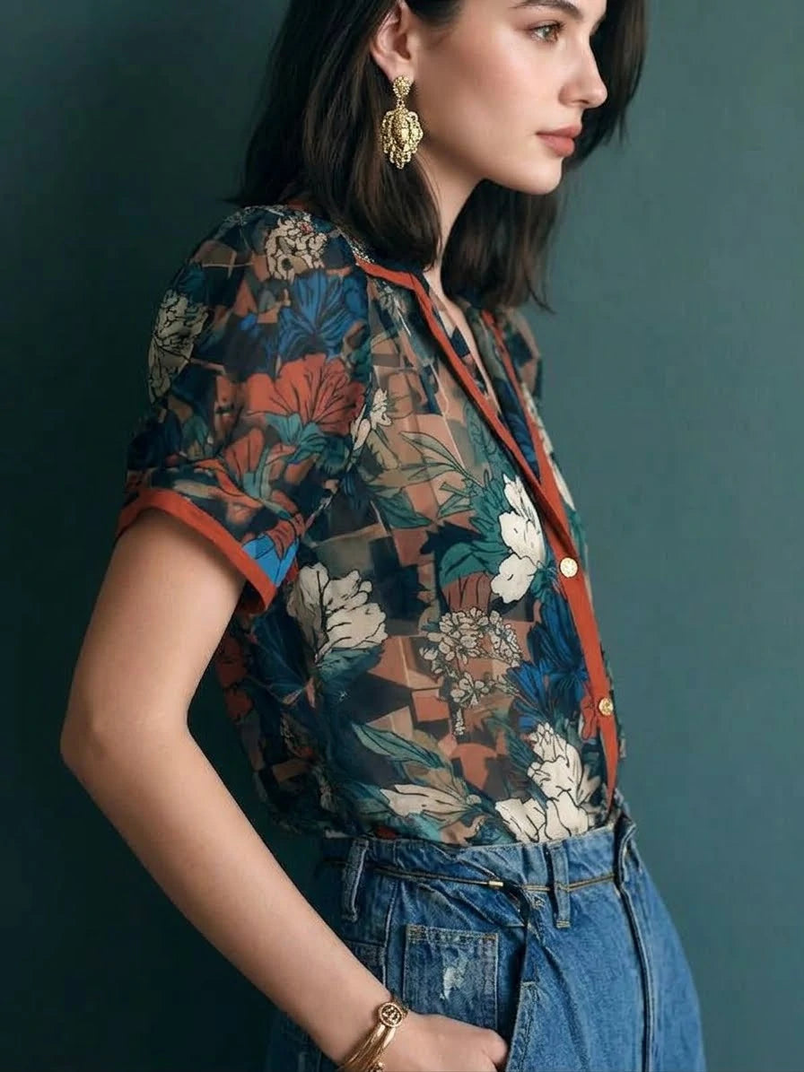Vintage Sheer Floral Print Blouse With Contrast Trim