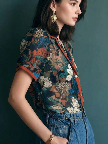Vintage Sheer Floral Print Blouse With Contrast Trim