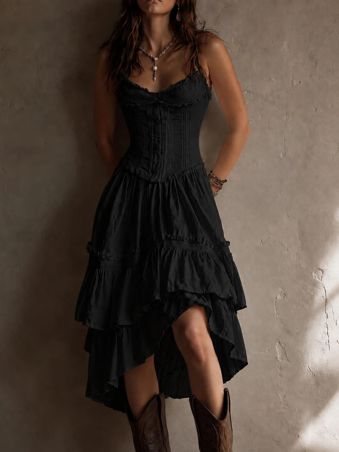 Retro Boho White Corset Tiered Midi Dress With Lace-Trim