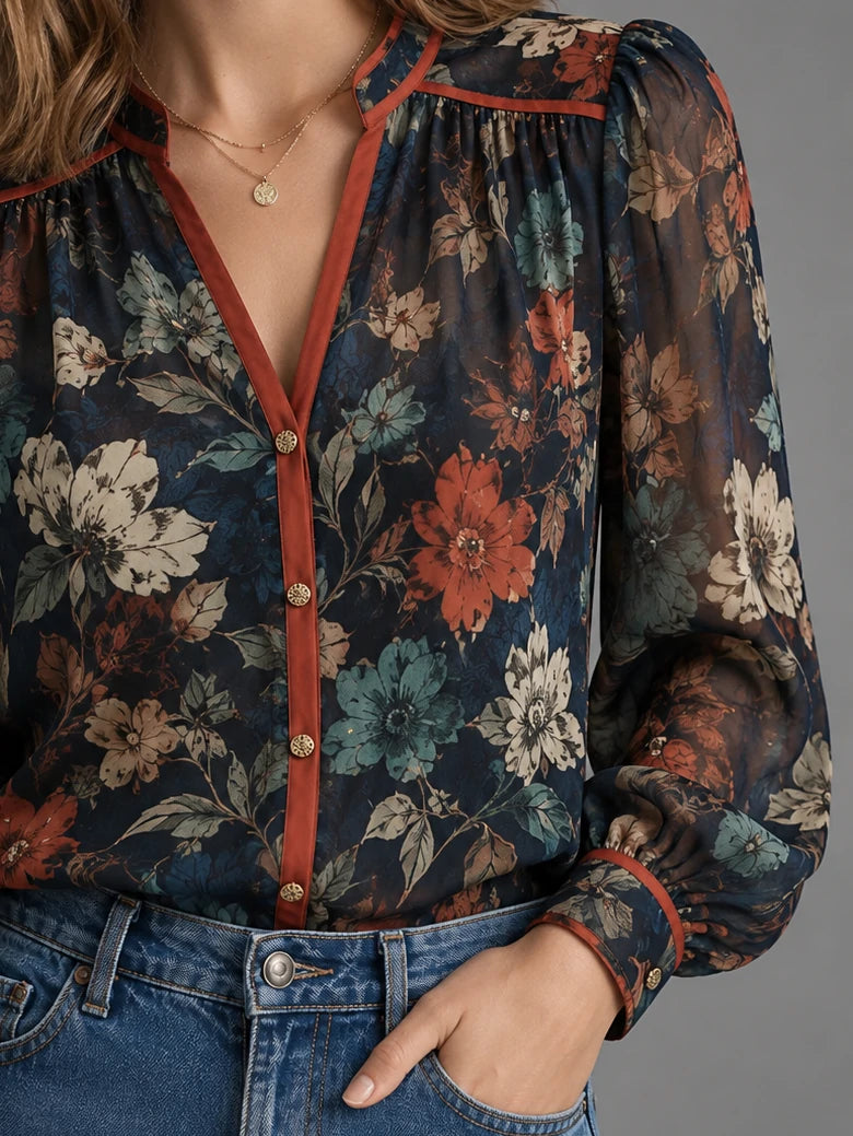 Contrast-Placket Floral Button Blouse