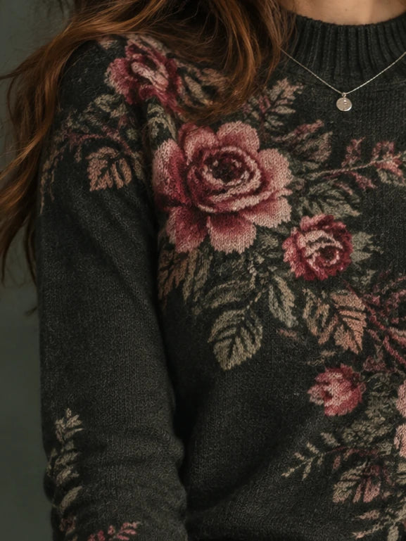Vintage Rose Crewneck Knit Sweater