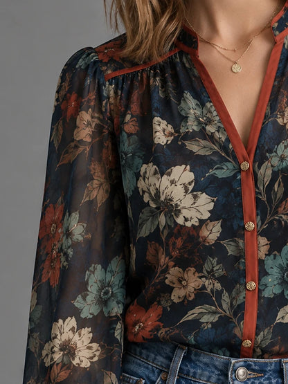 Contrast-Placket Floral Button Blouse